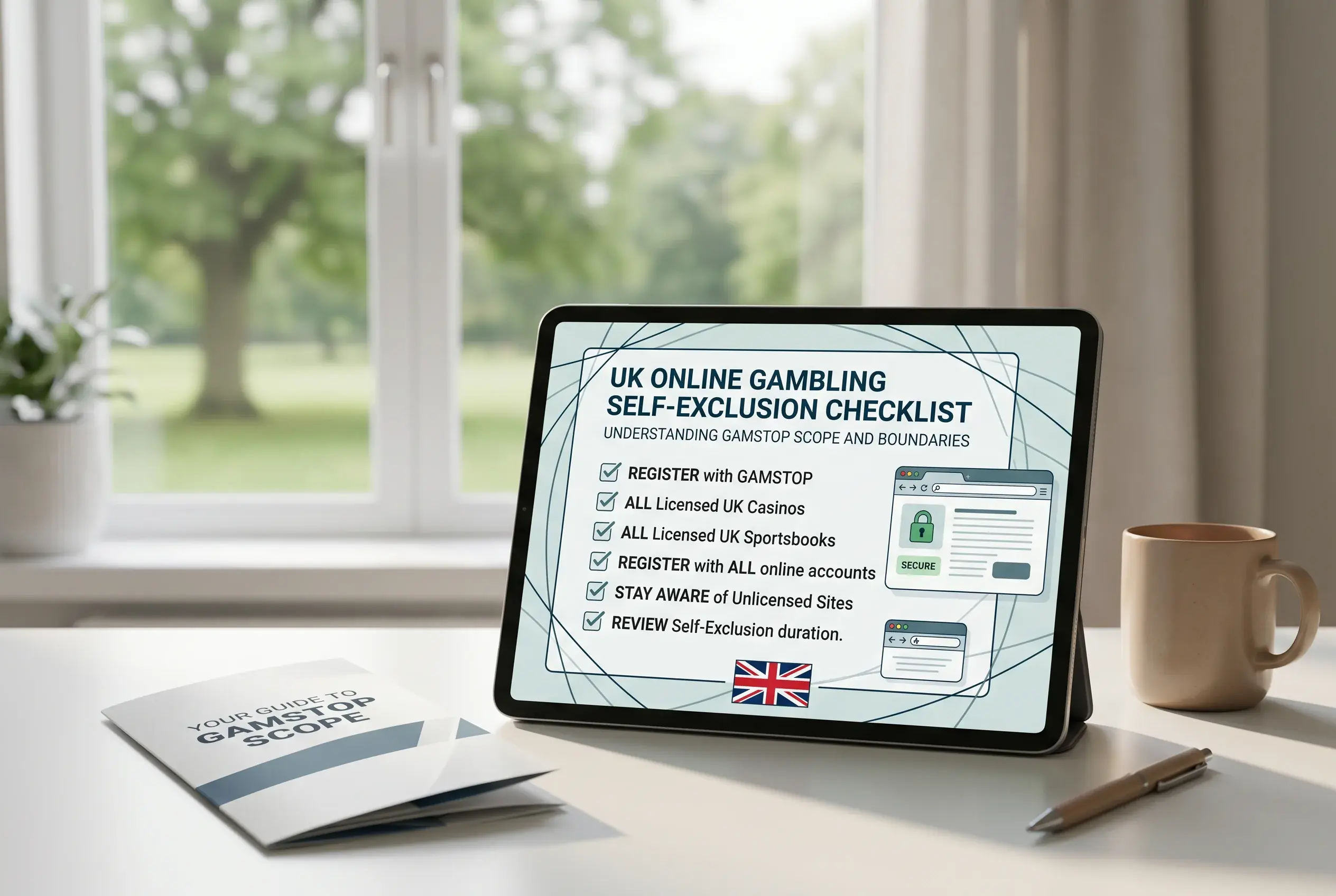 Calm illustration of online gambling checks and self-exclusion boundaries