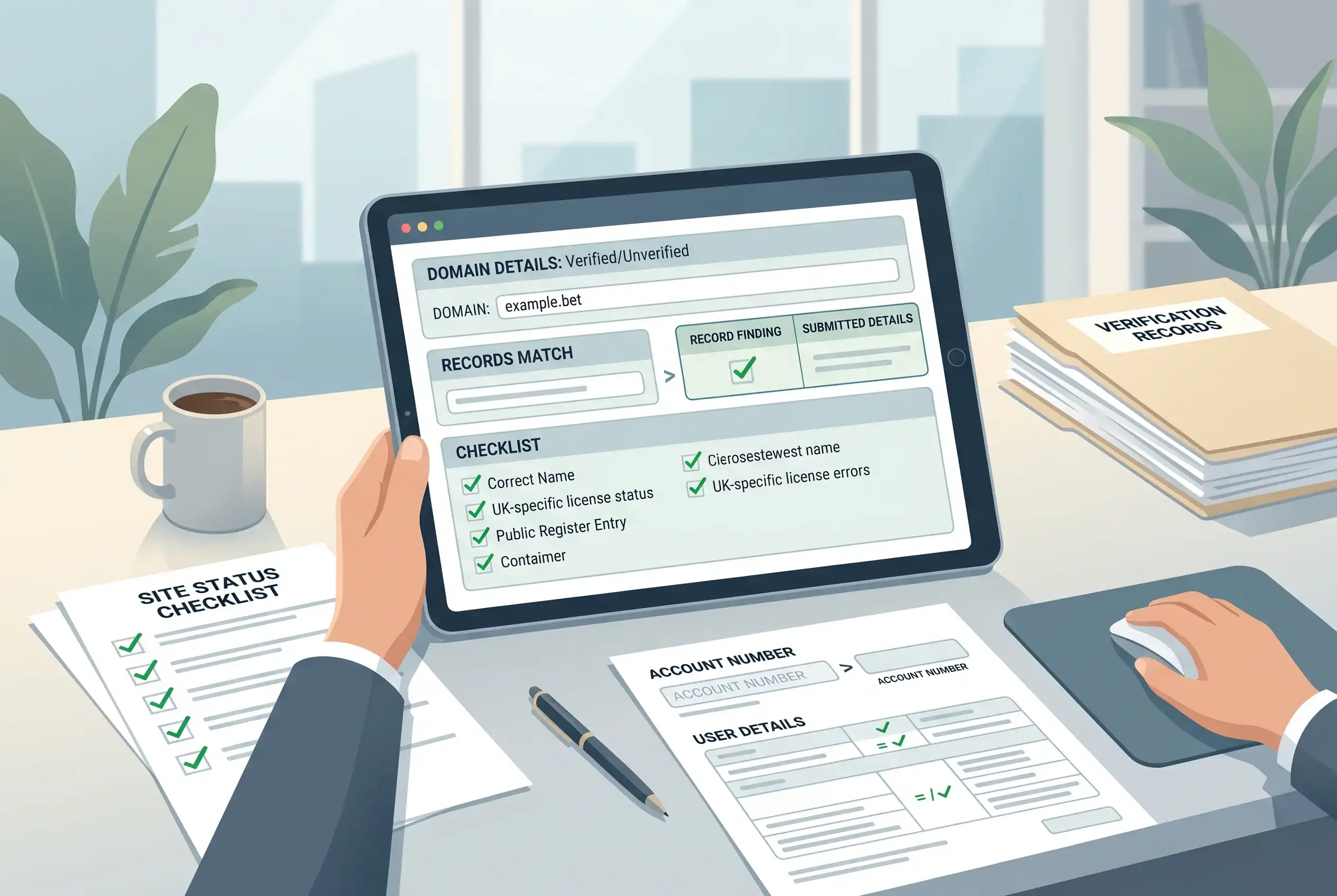 Illustration of a careful licence status check using records, domain details and a checklist
