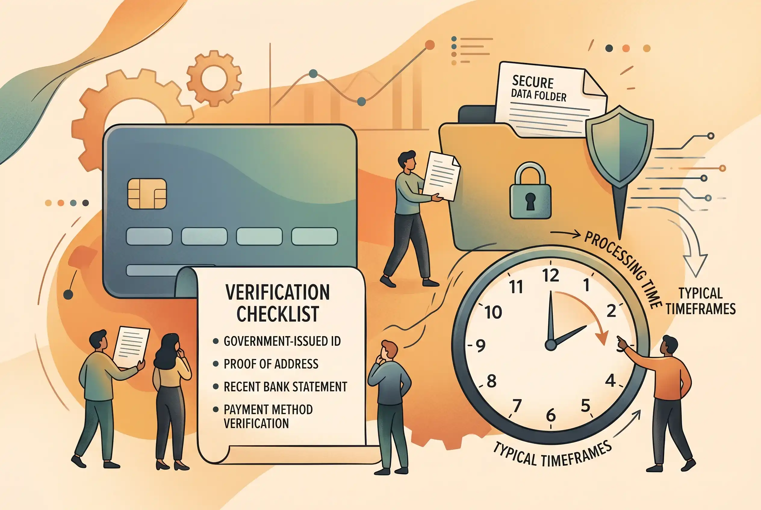 Illustration of payment, identity and withdrawal checks shown as a calm consumer checklist