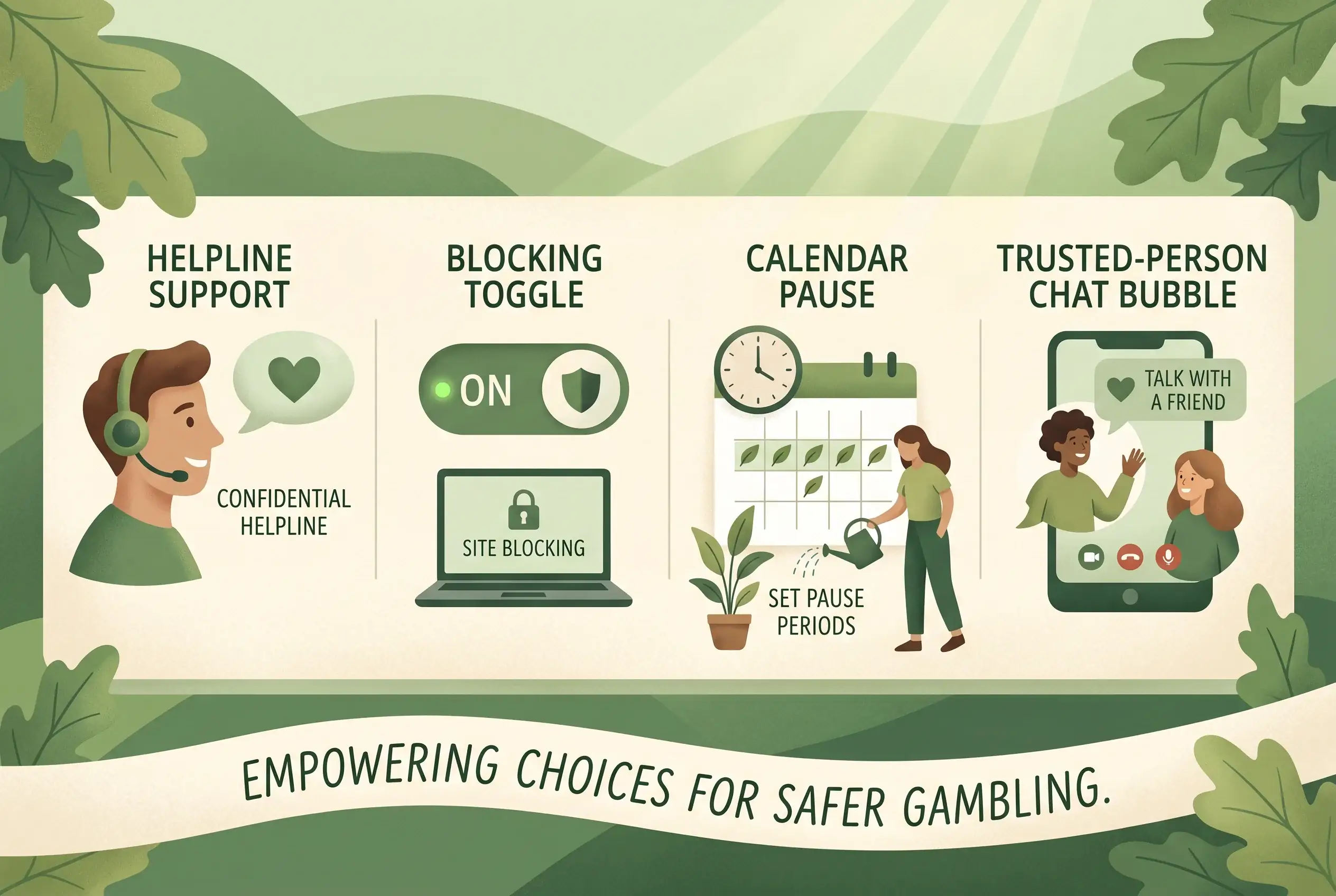 Illustration of support options, blocking tools and calm next steps for someone worried about gambling